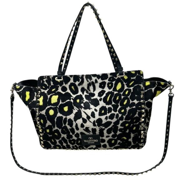 Valentino Garavani Calf Hair Leopard Print Rockstud Double Handle Tote in Yellow - Picture 1 of 7
